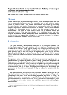 Responsible Innovation in Energy Projects: Values in the Design of Technologies, Institutions and Stakeholder Interactions1 (Draft Version for Forthcoming Book)