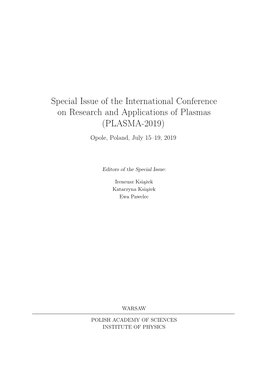 Special Issue of the International Conference on Research and Applications of Plasmas (PLASMA-2019)