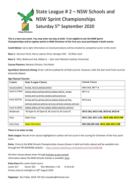 State League # 2 – NSW Schools and NSW Sprint Championships Saturday 5Th September 2020