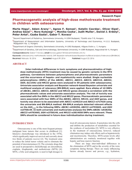 Pharmacogenetic Analysis of High-Dose Methotrexate Treatment in Children with Osteosarcoma