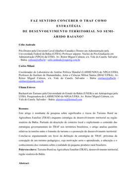 Faz Sentido Conceber O Traf Como Estratégia De Desenvolvimento Territorial No Semi- Árido Baiano?