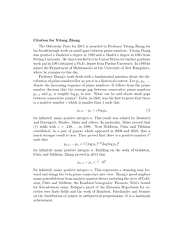 Citation for Yitang Zhang the Ostrowski Prize for 2013 Is Awarded to Professor Yitang Zhang for His Breakthrough Work on Small Gaps Between Prime Numbers