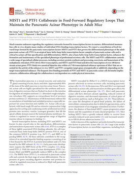 MIST1 and PTF1 Collaborate in Feed-Forward Regulatory Loops That Maintain the Pancreatic Acinar Phenotype in Adult Mice