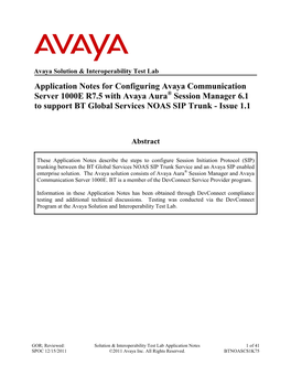Application Notes for Configuring Avaya Communication Server 1000E R7.5 with Avaya Aura® Session Manager 6.1 to Support BT Global Services NOAS SIP Trunk - Issue 1.1
