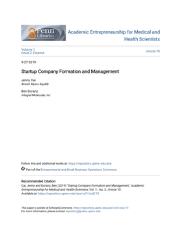 Startup Company Formation and Management