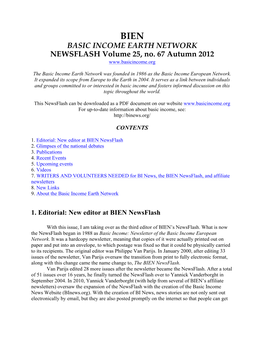 BIEN BASIC INCOME EARTH NETWORK NEWSFLASH Volume 25, No. 67 Autumn 2012