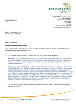 Response: There Are 64 Maintained Schools in Cheshire East, and Those Built Before 2000 Have Been Surveyed for Asbestos