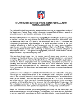 Nfl Announces Outcome of Washington Football Team Workplace Review