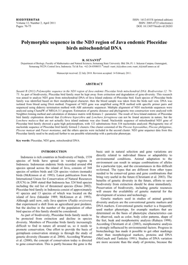 Polymorphic Sequence in the ND3 Region of Java Endemic Ploceidae Birds Mitochondrial DNA