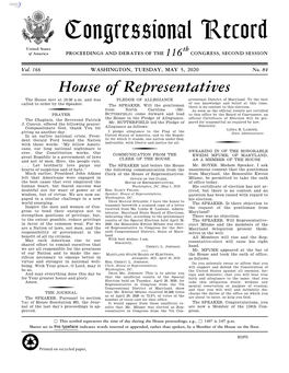 Congressional Record United States Th of America PROCEEDINGS and DEBATES of the 116 CONGRESS, SECOND SESSION