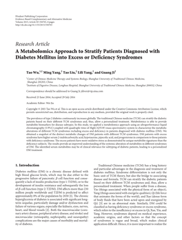 A Metabolomics Approach to Stratify Patients Diagnosed with Diabetes Mellitus Into Excess Or Deficiency Syndromes