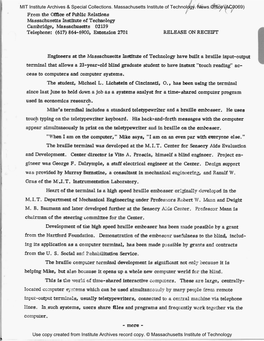 From the Office of Public Relations Massachusetts Institute of Technology Cambridge, Massachusetts 02139 Telephone: (617) 864-6900, Extension 2701 RELEASE on RECEIPT