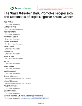 The Small G-Protein Rala Promotes Progression and Metastasis of Triple Negative Breast Cancer