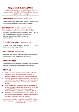 Daily Specials & Dining Menu Cornish Cream