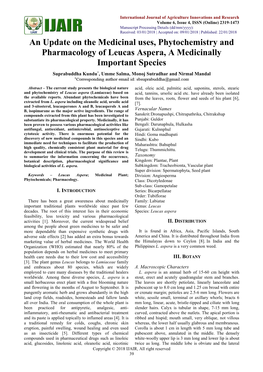 An Update on the Medicinal Uses, Phytochemistry and Pharmacology of Leucas Aspera, a Medicinally Important Species