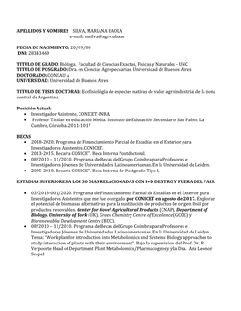 APELLIDOS Y NOMBRES SILVA, MARIANA PAOLA E-Mail: Msilva@Agro.Uba.Ar