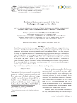 Resistance of Xanthomonas Euvesicatoria Strains from Brazilian Pepper to Copper and Zinc Sulfates