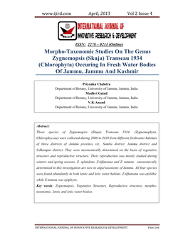 (Skuja) Transeau 1934 (Chlorophyta) Occuring in Fresh Water Bodies of Jammu, Jammu and Kashmir