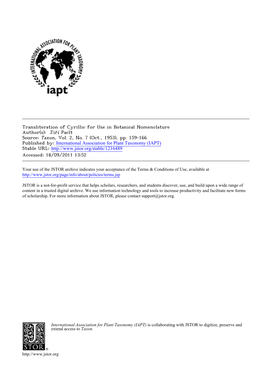 Transliteration of Cyrillic for Use in Botanical Nomenclature Author(S): Jiří Paclt Source: Taxon, Vol