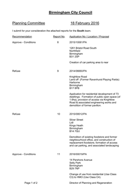 Birmingham City Council Planning Committee 18 February 2016