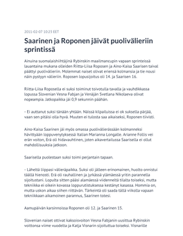 Saarinen Ja Roponen Jäivät Puolivälieriin Sprintissä