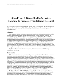 A Biomedical Informatics Database to Promote Translational Research 1