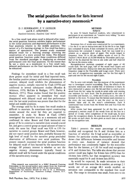 The Serial Position Function for Lists Learned by a Narrative-Story Mnemonic·