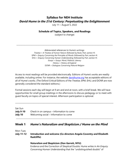 Syllabus for NEH Institute David Hume in the 21St Century: Perpetuating the Enlightenment July 11 – August 5, 2022