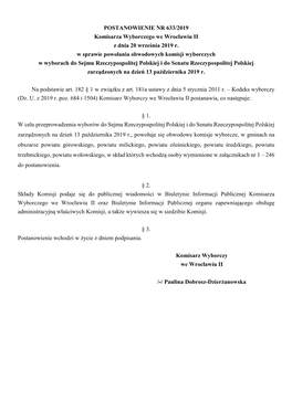 POSTANOWIENIE NR 633/2019 Komisarza Wyborczego We Wrocławiu II Z Dnia 20 Września 2019 R