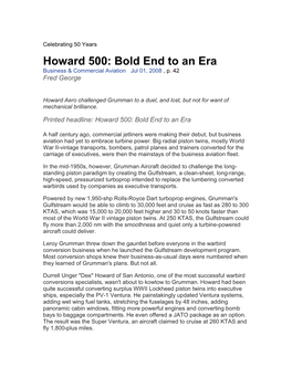 Howard 500: Bold End to an Era Business & Commercial Aviation Jul 01, 2008 , P