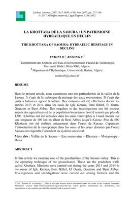 Caractères Physico-Chimiques Et Bactériologiques De L'eau De