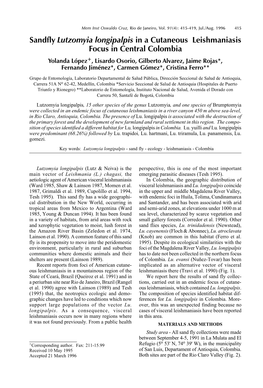 Sandfly Lutzomyia Longipalpis in a Cutaneous Leishmaniasis Focus In