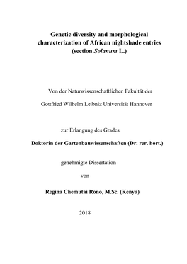 Genetic Diversity and Morphological Characterization of African Nightshade Entries (Section Solanum L.)