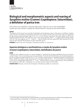 Biological and Morphometric Aspects and Rearing of Syssphinx Molina(Cramer) (Lepidoptera: Saturniidae), a Defoliator of Parica T