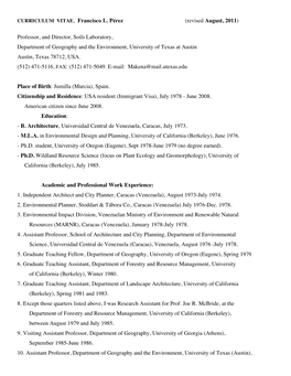 CURRICULUM VITAE, Francisco L. Pérez (Revised August, 2011)