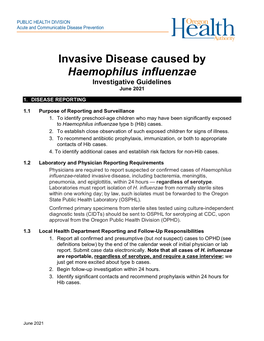 Invasive Disease Caused by Haemophilus Influenzae Investigative Guidelines June 2021