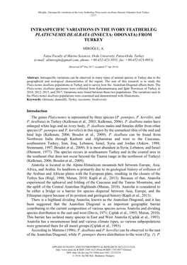 Intraspecific Variations in the Ivory Featherleg Platycnemis Dealbata (Insecta: Odonata) from Turkey - 2213