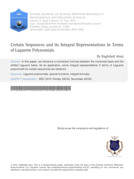 Certain Sequences and Its Integral Representations in Terms Of