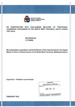 An Investigation Into Challenges Relating to Traditional Leadership Succession in the North West Province, South Africa (1927-2015)