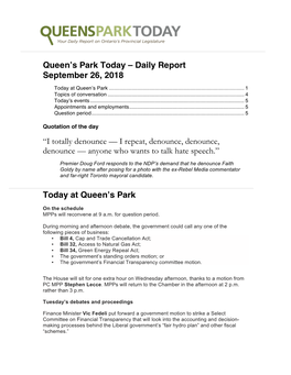 Queen's Park Today – Daily Report September 26, 2018