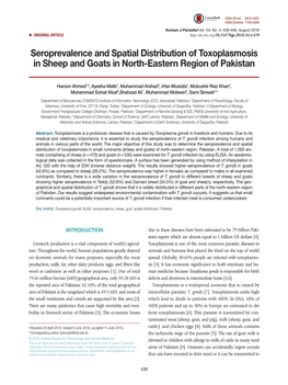 Seroprevalence and Spatial Distribution of Toxoplasmosis in Sheep and Goats in North-Eastern Region of Pakistan