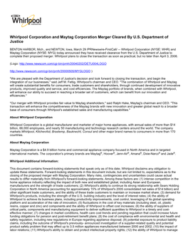 Whirlpool Corporation and Maytag Corporation Merger Cleared by U.S. Department of Justice