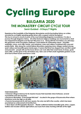 BULGARIA 2020 the MONASTERY CIRCUIT CYCLE TOUR Semi-Guided - 8 Days/7 Nights