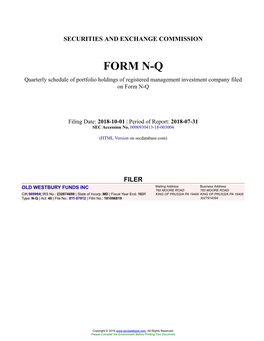 OLD WESTBURY FUNDS INC Form N-Q Filed 2018-10-01