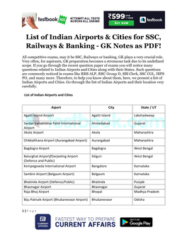 List of Indian Airports & Cities for SSC, Railways & Banking