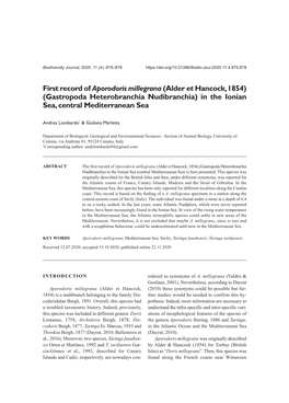 First Record of Aporodoris Millegrana (Alder Et Hancock, 1854) (Gastropoda Heterobranchia Nudibranchia) in the Ionian Sea, Central Mediterranean Sea