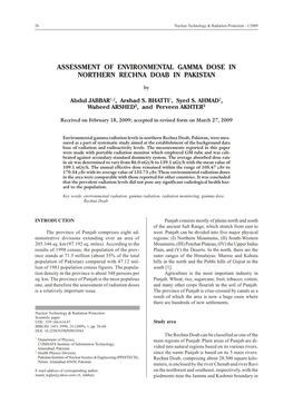As Sess Ment of En Vi Ron Men Tal Gamma Dose in North Ern Rechna Doab, Pakistan 57 the Northeas T