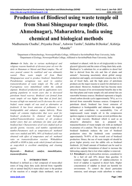 Production of Biodiesel Using Waste Temple Oil from Shani Shingnapur Temple (Dist