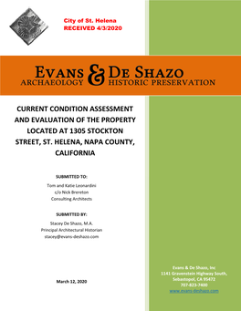 Current Condition Assessment and Evaluation of the Property Located at 1305 Stockton Street, St. Helena, Napa County, California