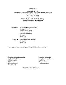 Schedule Meeting of the West Virginia Higher Education